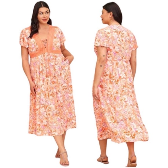 Torrid coral orange white pink floral lace up crinkle maxi dress size 1 or 1X - Picture 16 of 16